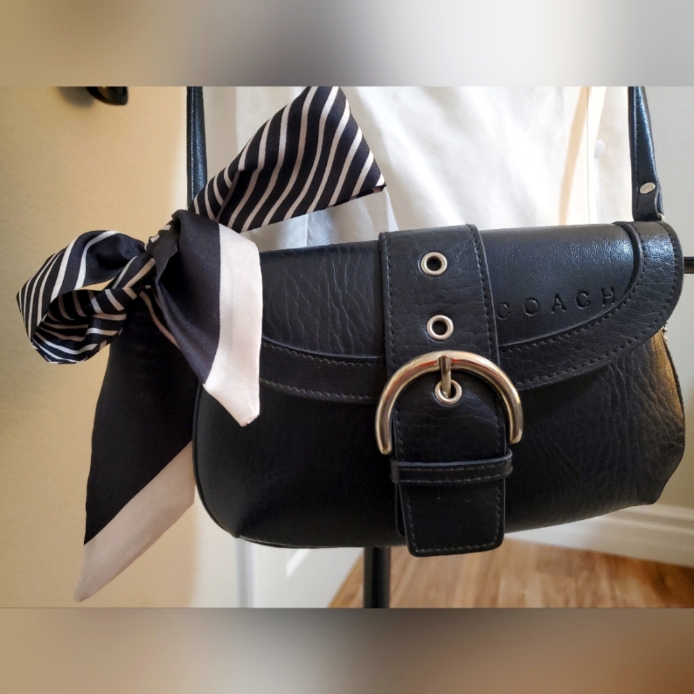 Coach Black Leather Mini Bag with Striped Scarf Accent